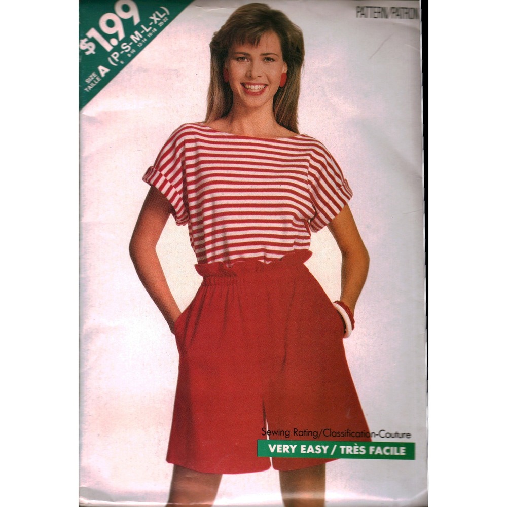 Vintage 1988 Butterick 6179 Sewing Pattern Misses Top Shorts Size P-L cut